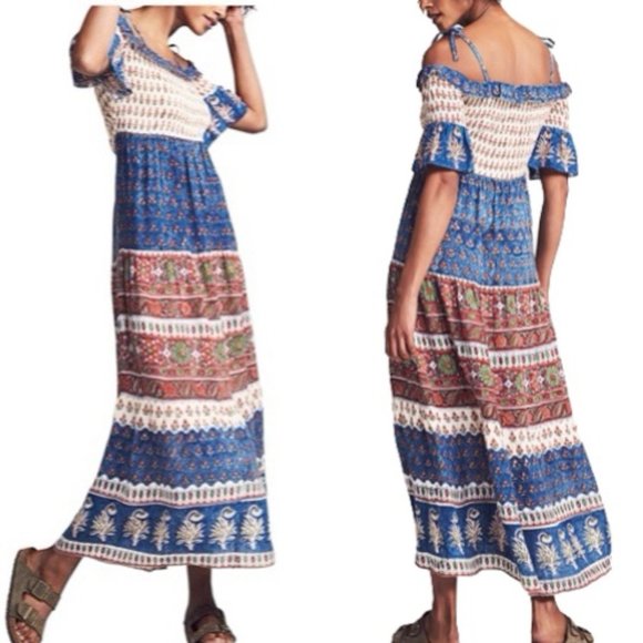 FAHERTY Sylvie Cutout Tie-Strap Boho Lagenlook Maxi in Blue Multi ColorNWT - Picture 1 of 7